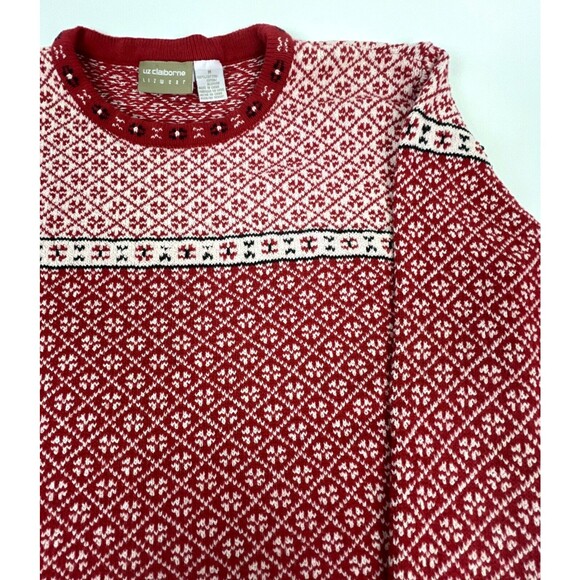 Liz Claiborne Red & White Crewneck Sweater Fair Isle Cotton Holiday Sz Med - Picture 4 of 12